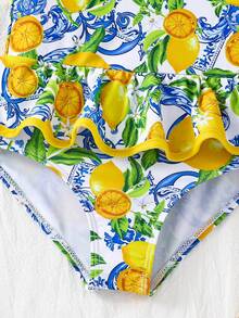 SHEIN 1pc Young Girl Cute Lemon Print One-Piece Swimwear, Fashionable Casual Elegant Lady Suitable For Swimming, Vacation, Summer - Yellow - View 7