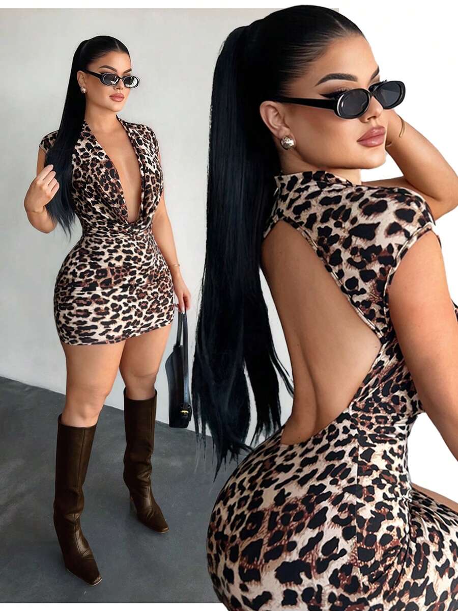 SHEIN SXY Women's Sexy Leopard Print Backless Elegant Dress, Leopard Print ,Valentine's Day,Sexy ,Casual ,Sexy ,Club ,Party ,Summer ,Spring , Skin Tight Dress Cheetah Dress Leopard Dress, Sexy Curve Dress, Women Sexy Dress, Animal Print Dress - Multicolor - View 1
