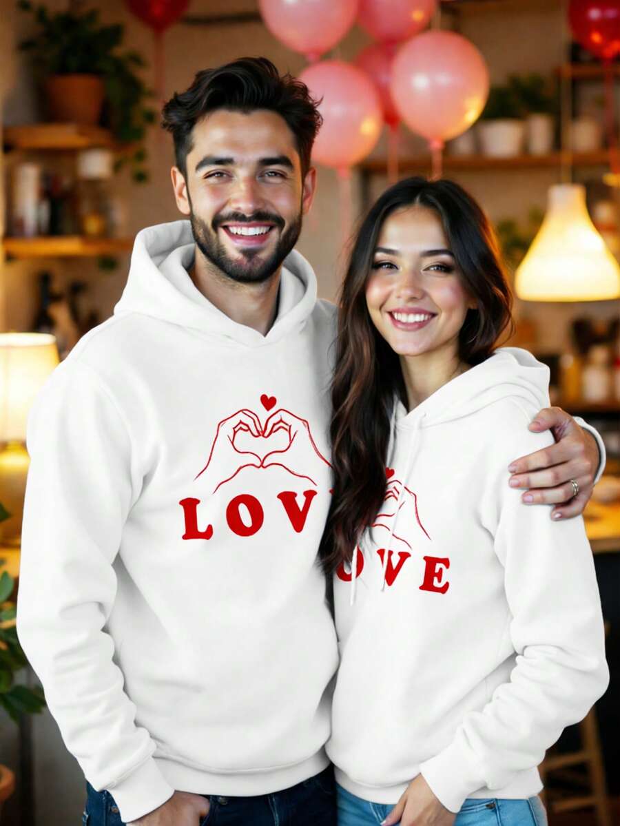 Manfinity Homme Áo hoodie nam dáng dài, họa tiết chữ và trái tim, đa năng cho hẹn hò và đi chơi, tay dài. - trắng - Xem 1