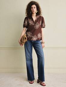 Écloséra Women's Elegant Shirt Commuting Shirt French Shirt Embroidered Shirt V-Neck Shirt Short-Sleeved Shirt Spring And Summer Shirt - Brown - View 4