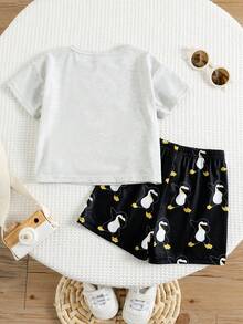 SHEIN 2pcs/Set Piyama Kasual Longgar Bayi Laki-laki, Cocok untuk Hadiah Paskah Musim Panas untuk Bayi, Pakaian Bayi Motif Angsa, Pakaian Bayi Hewan - MultiWarna - View 3