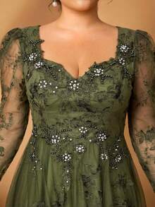 Serin Đầm cỡ lớn sang trọng, thanh lịch màu xám tím đính sequin, tay dài, cổ tim, thiết kế thêu họa tiết, vạt rộng, thích hợp cho tiệc tối, hẹn hò, dạ hội, kỳ nghỉ, đám cưới, hoặc làm đầm cho mẹ cô dâu. - Màu xanh Ô liu - Xem 3