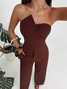 Aloruh Brown Minimalist Commuter Sleeveless Patchwork Crop Top + Wide Leg Long Pants Set, Spring/Summer - Brown - View 1