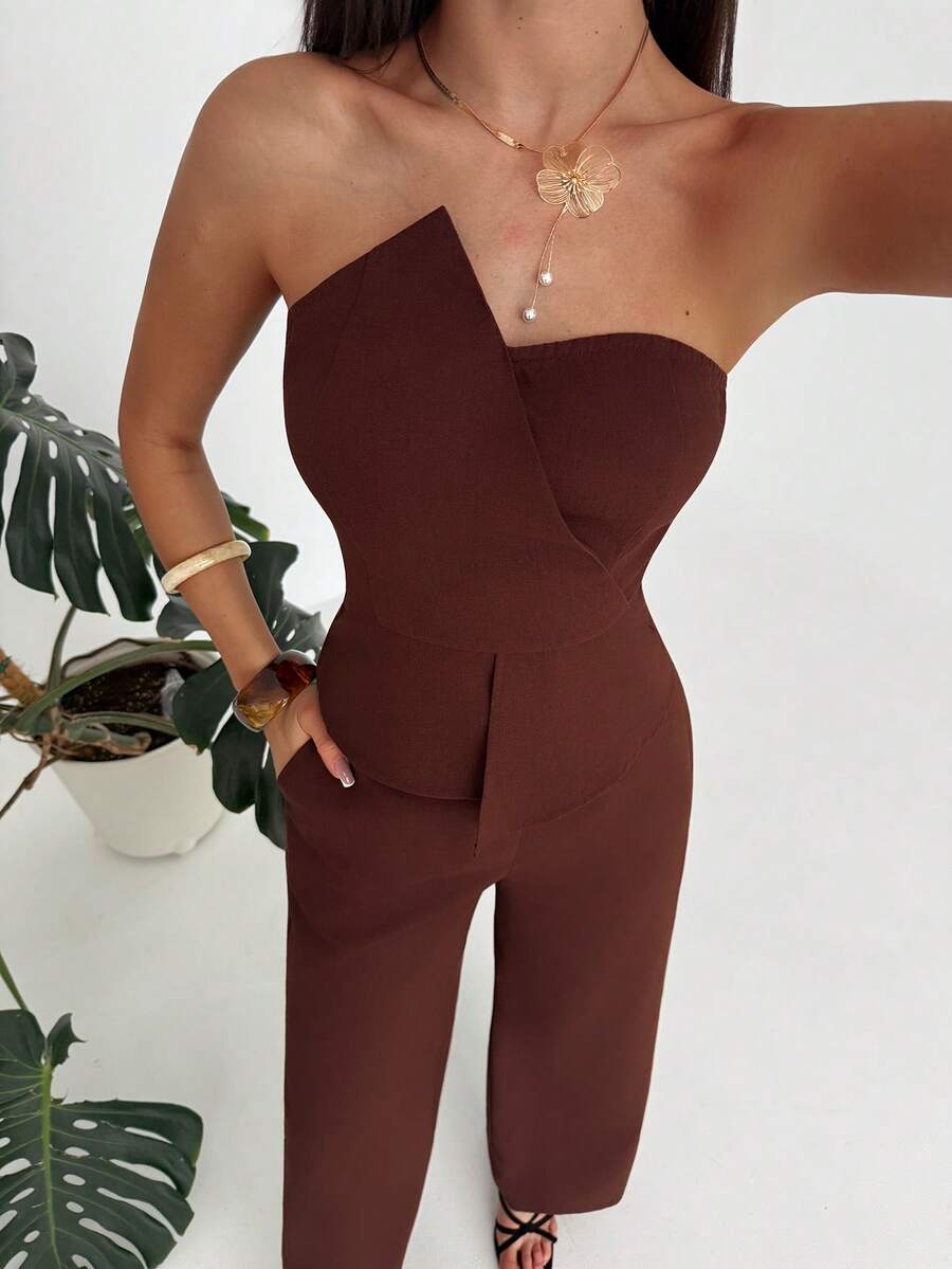 Aloruh Brown Minimalist Commuter Sleeveless Patchwork Crop Top + Wide Leg Long Pants Set, Spring/Summer - Brown - View 1