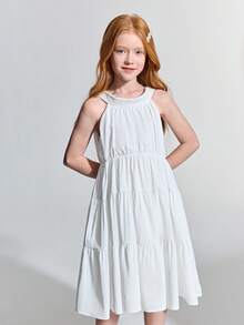 Maija Kids Maija Kids 少女款白色编织超大蝴蝶结撞色圆领无袖宽松休闲连衣裙 - 白色 - 查看 5