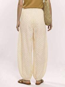 Muvela 2026春夏新款奶油黄黑波点印花可调节松紧腰带侧袋抽绳灯笼裤，时尚优雅，适合狂欢节派对、复古英伦风、返校季、音乐节、都市通勤等场合。 - 白色 - 查看 10