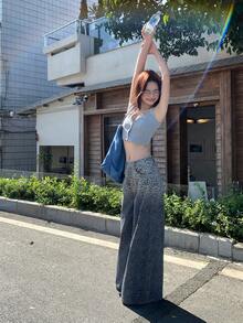 DAZY Quần jeans ống rộng dáng suông in họa tiết da báo, đính sequin chuyển màu cổ điển dành cho nữ, thích hợp cho mùa hè. - Màu xanh lam - Xem 1