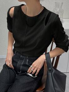FRIFUL 女式休闲纯色镂空肩部T恤，秋季长袖上衣 - 黑色 - 查看 6