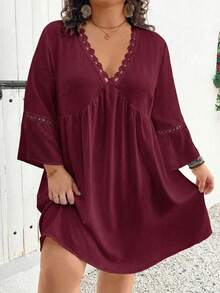 SHEIN CURVE+ Plus Size Holiday Casual White Flared Sleeve Bohemian Style Linen Dress Boho Vacation - Burgundy - View 4