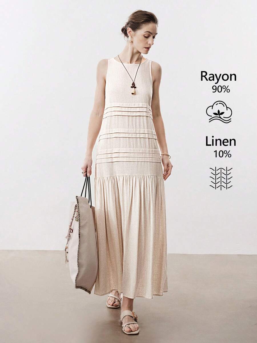 Aalyst 女士亚麻圆领宽松开衩下摆连衣裙，优雅法式复古风，适合通勤、商务、度假、海滩、休闲等多种场合，春夏新款 - 杏色 - 查看 1