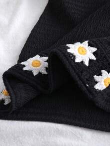 SHEIN Black Semi Sheer Knitted Cami Daisy Tassel Dress For Young Girls Halter Neck Casual Knee Length - Black - View 9
