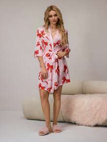 HautHeat Women's Bow Print Sleepwear Robe - Pink - View 4