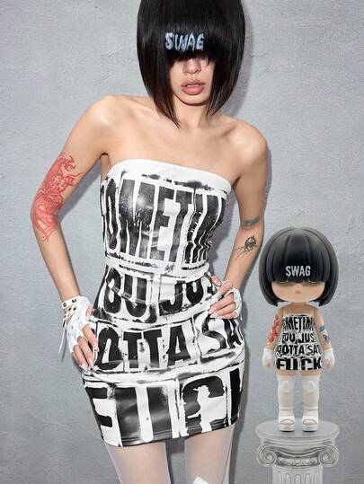 J-Fashion Women's Biker Chic Street Logo Slogan PU Print Bandeau Bodycon Mini Dress