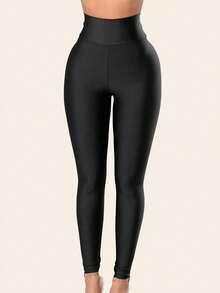 Slaydiva Leggings casuales de cintura alta de unicolor y elásticos para mujer de talla grande, adecuados para otoño/invierno - Negro - Ver 3