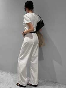 DAZY 1 件女式圆领短袖基本款分层 T 恤，商务休闲女装 - 白色 - 查看 2