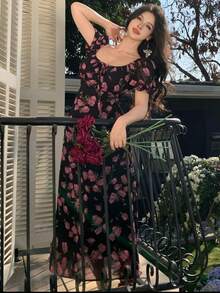 DAZY Sommarklänning i chiffong med blommig puffärm 2024, midja åtsittande, bantande fransk romantisk stil - Svart - Visa 9