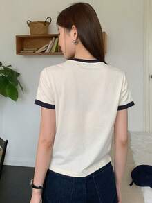 DAZY 向日葵和字母圖案拼接邊T恤 - 米色 - 查看 2