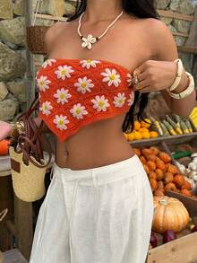 Aloruh 女士沙滩度假钩针向日葵修身露脐吊带上衣 - 彩色 - 查看 6