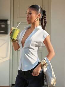 Muchica Women's Summer New V-Neck Cinched Waist Sleeveless Blouse In White - White - View 4