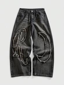 ROMWE MEN Street Life 男士刺绣星月图案牛仔裤 - 黑色 - 查看 1