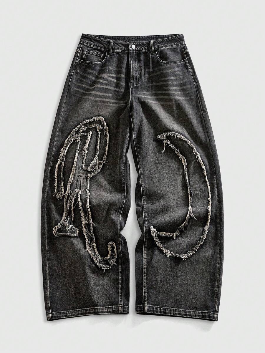 ROMWE MEN Street Life 男士刺绣星月图案牛仔裤 - 黑色 - 查看 1