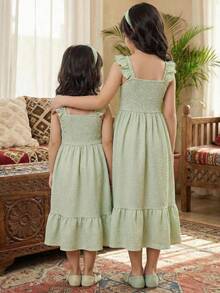 SHEIN 少女款梭织印花方领短袖连衣裙，夏季连衣裙，碎花连衣裙，短袖，方领，母女装绿色长裙 - 綠色 - 查看 2