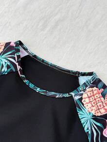 SHEIN Teen Girl Raglan Sleeve Tropical Plant Print Top And Shorts Swimsuit Set - Black - View 6