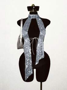 EgrlEra Áo tank top lưới đính đá cho nữ, gợi cảm, xuyên thấu, lấp lánh, thích hợp cho các bữa tiệc ngày lễ. - Màu Xám nhạt - Xem 4