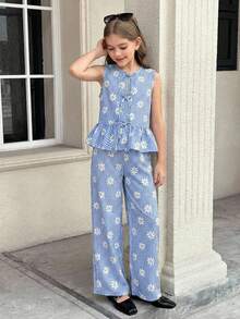 SHEIN Tween Girl Spring/Summer Casual Minimalist Fresh Woven Daisy Plaid Print Round Neck Sleeveless Bow Ruffle Hem Tank Top And Wide Leg Pants Set, Blue & White Plaid Set - Blue - View 3