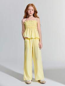 Maija Kids Maija Kids Tween Girl Yellow Bubble Crinkle Fabric Camisole & Loose Pants Casual Outfit - Yellow - View 3