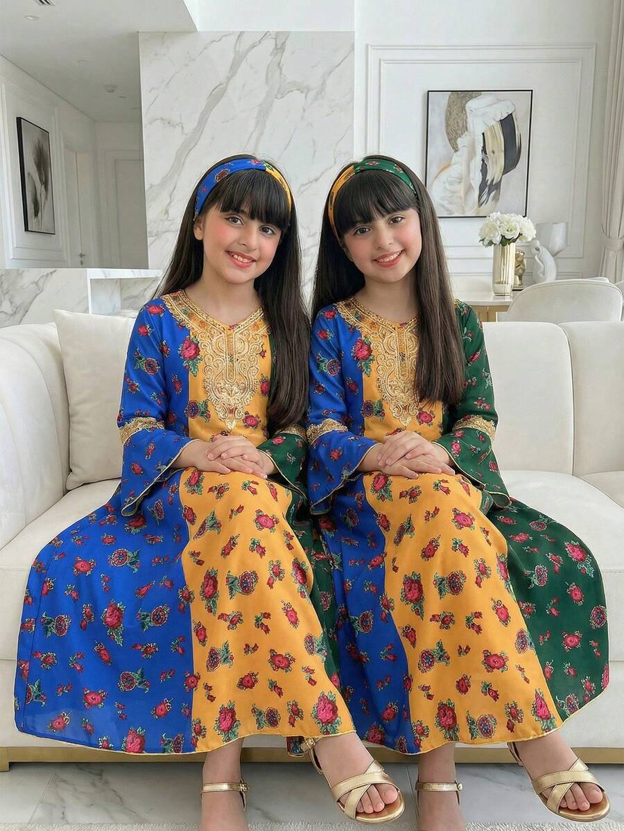 Vestido largo tradicional de niña del Medio Oriente, con base verde, amarilla y azul con estampado floral rojo, dulce y elegante, con detalles de adorno floral dorado, cuello con flor y mangas de campana, adecuado para festivales tradicionales, ocasiones especiales y fotografía - Multicolor - Ver 1