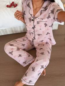 Napfluff Vår & höst Nytt björn- & rosetttryck med korta ärmar för kvinnors pyjamasset - Multifärgad - Visa 6