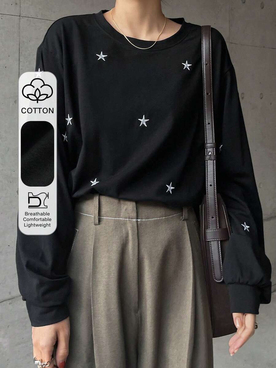 FRIFUL Women Star Pattern Round Neck Drop Shoulder Long Sleeve T-Shirt, Autumn - Black - View 1