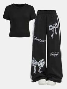 少女T恤套装，柔和配色，舒适贴身，适合上学、玩耍、旅行和日常穿着，春季必备 - 黑色 - 查看 13