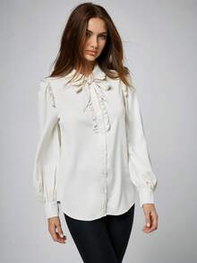 Maija 女士纯色领结衬衫，适合情人节和都市穿搭，优雅的蝴蝶结衬衫，适合春夏季节度假穿着。 - 杏色 - 查看 6