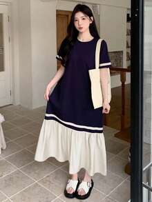 DAZY Đầm maxi nữ phối màu kiểu dáng thường ngày, thích hợp cho mùa hè, đi học, hoặc mặc cùng giáo viên. - Màu be - Xem 6