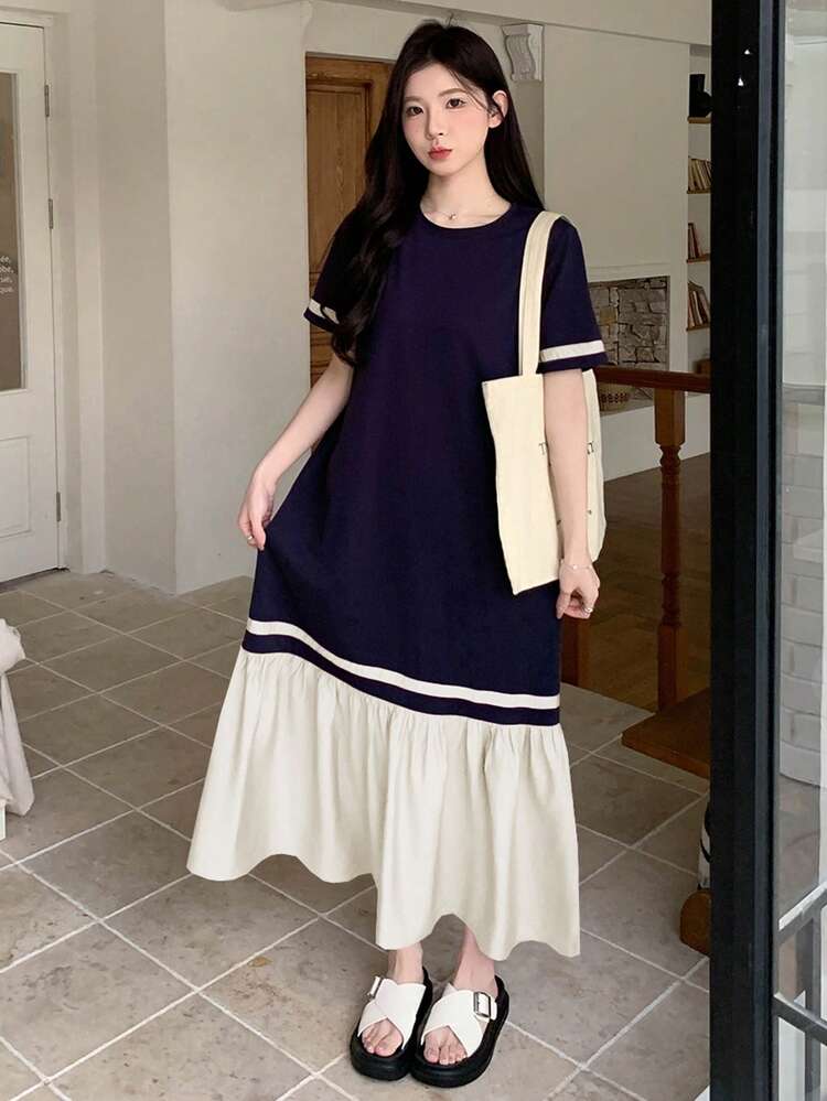 Women's Casual Colorblock Patchwork Dress, Summer,Back To School Clothes,Teacher Outfits Maxi Dress