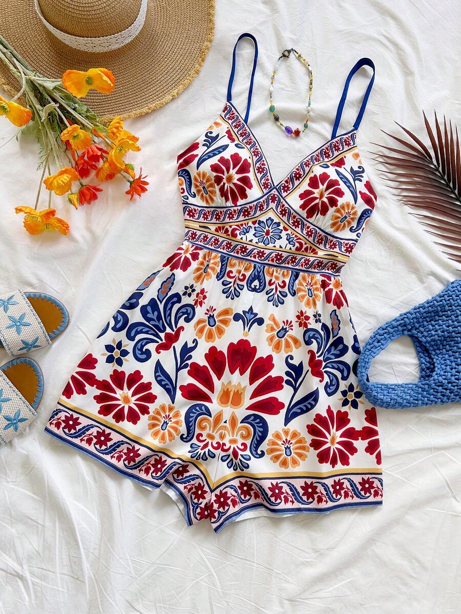 Soleia Women's Colorful Tropical Print Sleeveless Jumpsuit, One Shoulder, Metal Decor, Suitable For Brunch, Summer, Mother's Day, Graduation, Church, Beach, Music Festival, Airport, Afternoon Tea,  Spring To Summer Valentine's Day  Carnival Carnival Costume  Party Beach Wedding - Multicolor - View 1