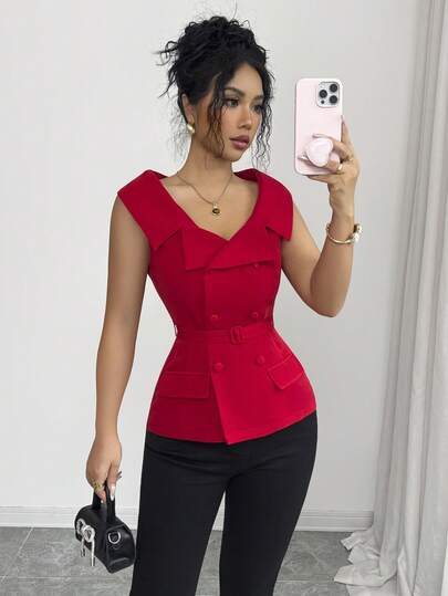 Elenzga 女士优雅休闲通勤度假下午茶情人节派对纯色红色V领大翻领开襟双排扣口袋暗扣腰带修身短款衬衫，春夏款