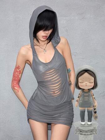 J-Fashion Vestido mini súper sexy y transparente con escote pronunciado y capucha para mujer