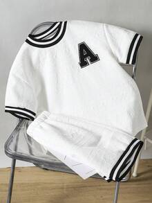 SHEIN 2pcs Kids Sports Outfit,Summer Casual Short Sleeve T-Shirt And Shorts Set,White Back-To-School Collegiate Style Round Neck,School Striped Trim Outfit - White - View 5