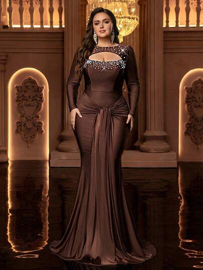 Glamrae Plus Size Elegant Minimalist Brown Asymmetric Neck Bubble Bead Long Sleeve Pleated Patchwork Mermaid Hem Formal Dress