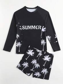 SHEIN Maillot de bain à manches longues avec imprimé palmier pour adolescents garçons, convient pour les vacances à la plage - Noir et Blanc - Voir 4