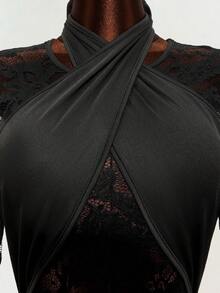 Mistrie Sexy Black Lace Bodycon Mini Dress, Long Sleeve V-Neck Hollow Out Patchwork Slim Fit Clubwear Dress - Black - View 7