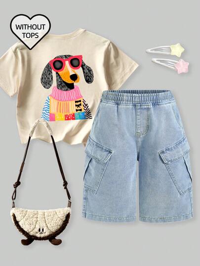 Tween Girl Y2K Style Loose Straight Leg Denim Shorts With Flap Pockets, Suitable For Summer Concerts And