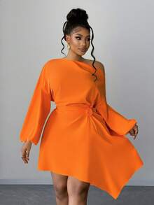Maweii 优雅时尚褶皱腰身连衣裙，不对称下摆，泡泡袖，玫瑰花装饰，适合休闲、通勤、大码女装，春秋冬三季皆宜。 - 橘色 - 查看 5