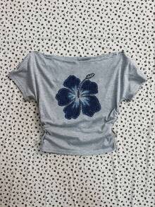 少女春夏街头风，基础款，休闲百搭，运动风白色露肩字母印花短款上衣，返校季服装 - 淺灰色 - 查看 4