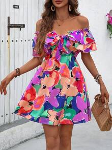 Breezaya Vacation Style Tie-Dye Off Shoulder Ruffle Edge Dress With Tied Belt Vacation Beach Outfits Women - Multicolor - View 5