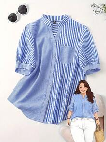 Linhara Áo sơ mi nữ cỡ lớn phối màu sọc, kiểu dáng patchwork, cài cúc toàn thân, có túi phía trước, tay ngắn, phong cách thường ngày. - Màu xanh lam - Xem 3