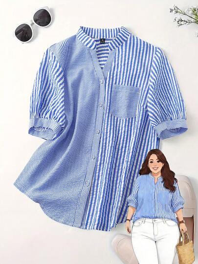 GlowEve CURVE Plus Size Women's Contrast Color Striped Print Patchwork Full Button Front Pocket Casual Short Sleeve Shirt